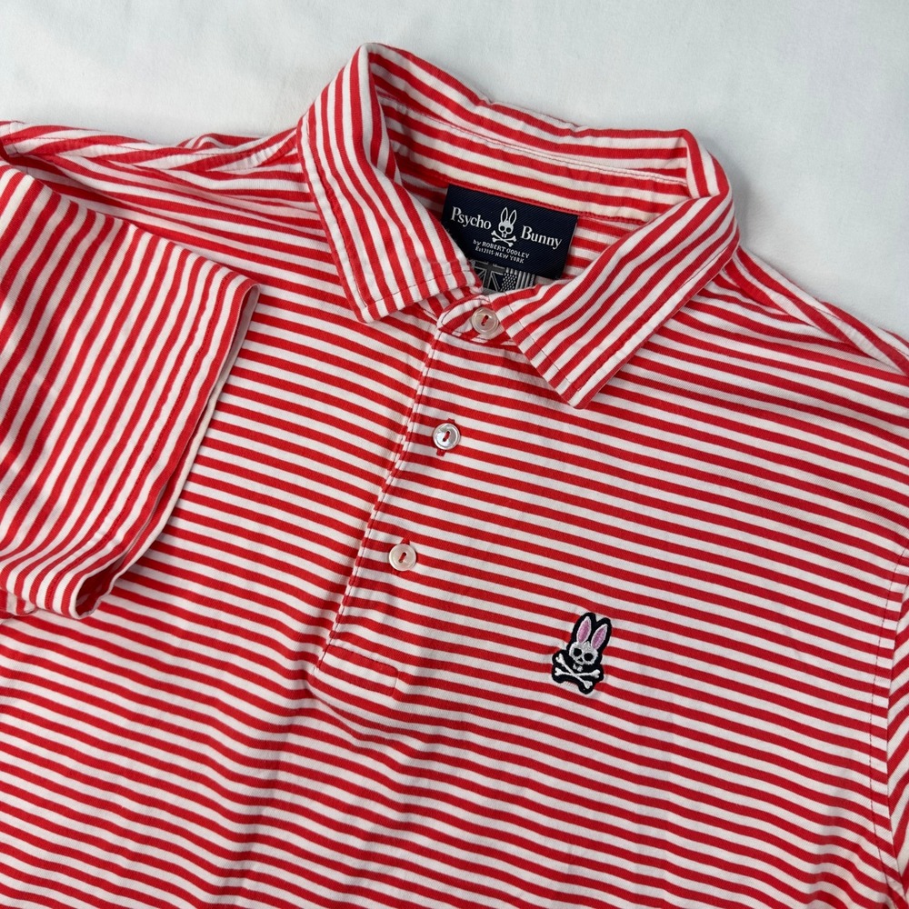 Psycho Bunny by Robert Godley Polo Shirt Men's 6 Red White Striped Short Sleeve
